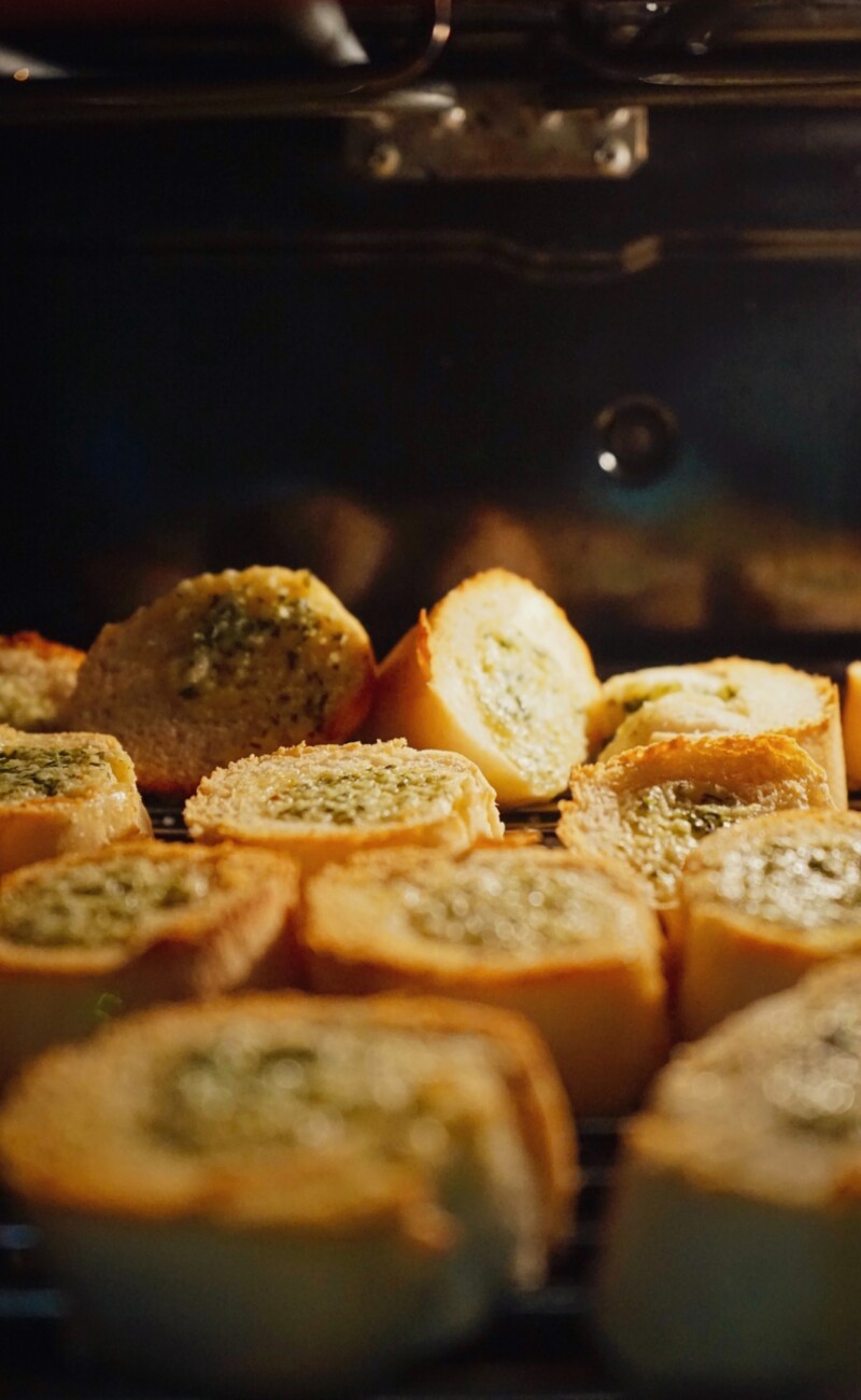 baked goods being baked garlic bread