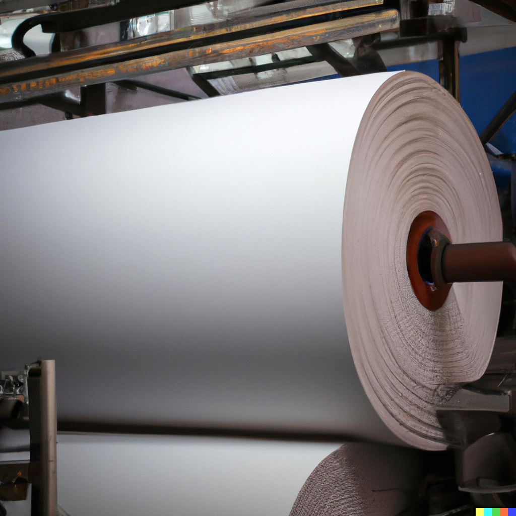 large roll of paper on a spool at ta paper mill